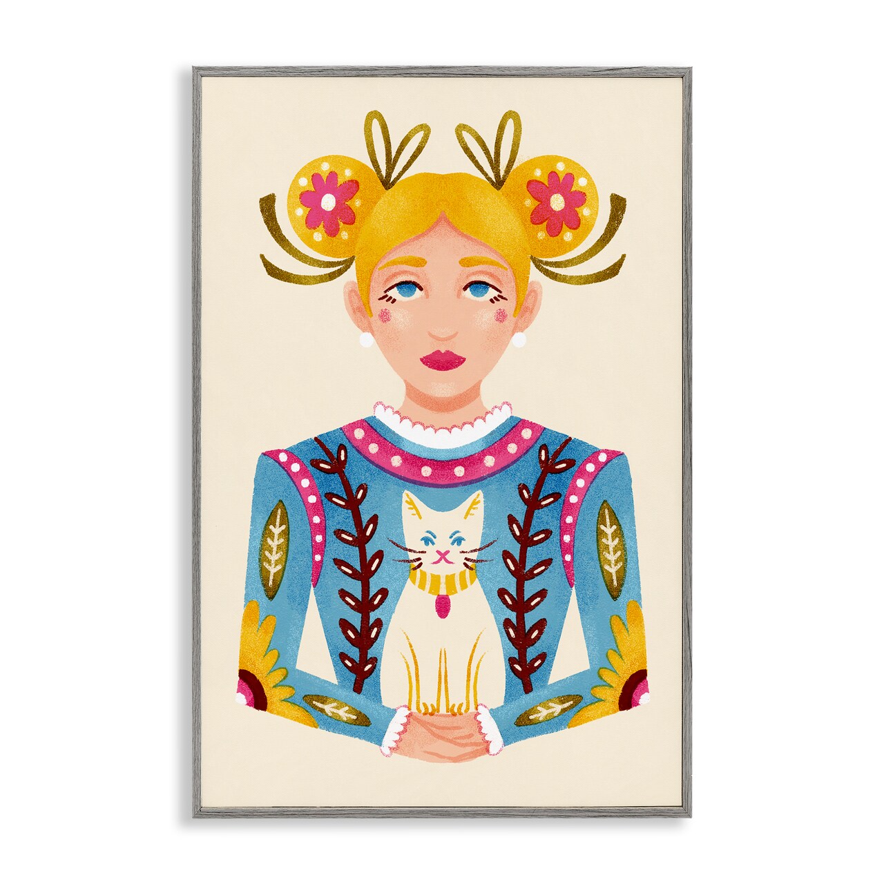 Stupell Industries Blonde Folk Girl with Cat Framed Giclee Design by Hannah Moren